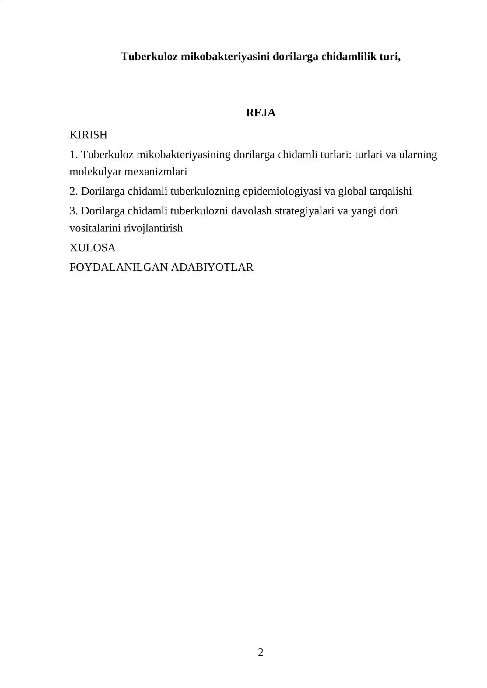 Tuberkuloz mikobakteriyasini dorilarga chidamlilik turi, 2025-2026 o'quv yili 2