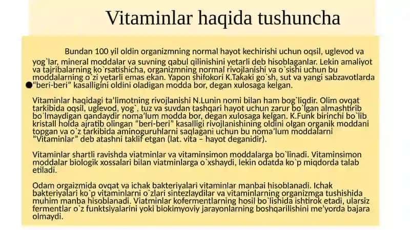 Toshkent Tibbiyot Akademiyasi 1-son Davolashishi fakulteti 107-B guruhi talabasi Umarov Bekzodning Tibbiy kimyo fanidan "Nasliya vitamin ozlar" mavzusida taqdimoti 2