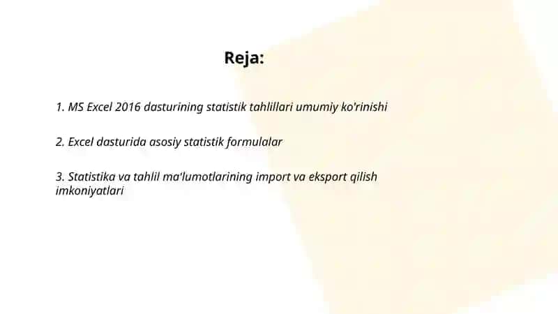 MS Excel 2016 dasturining statistik tahlillari qilish va yechimlar qidirish funksiyalari bilan ishlash 2