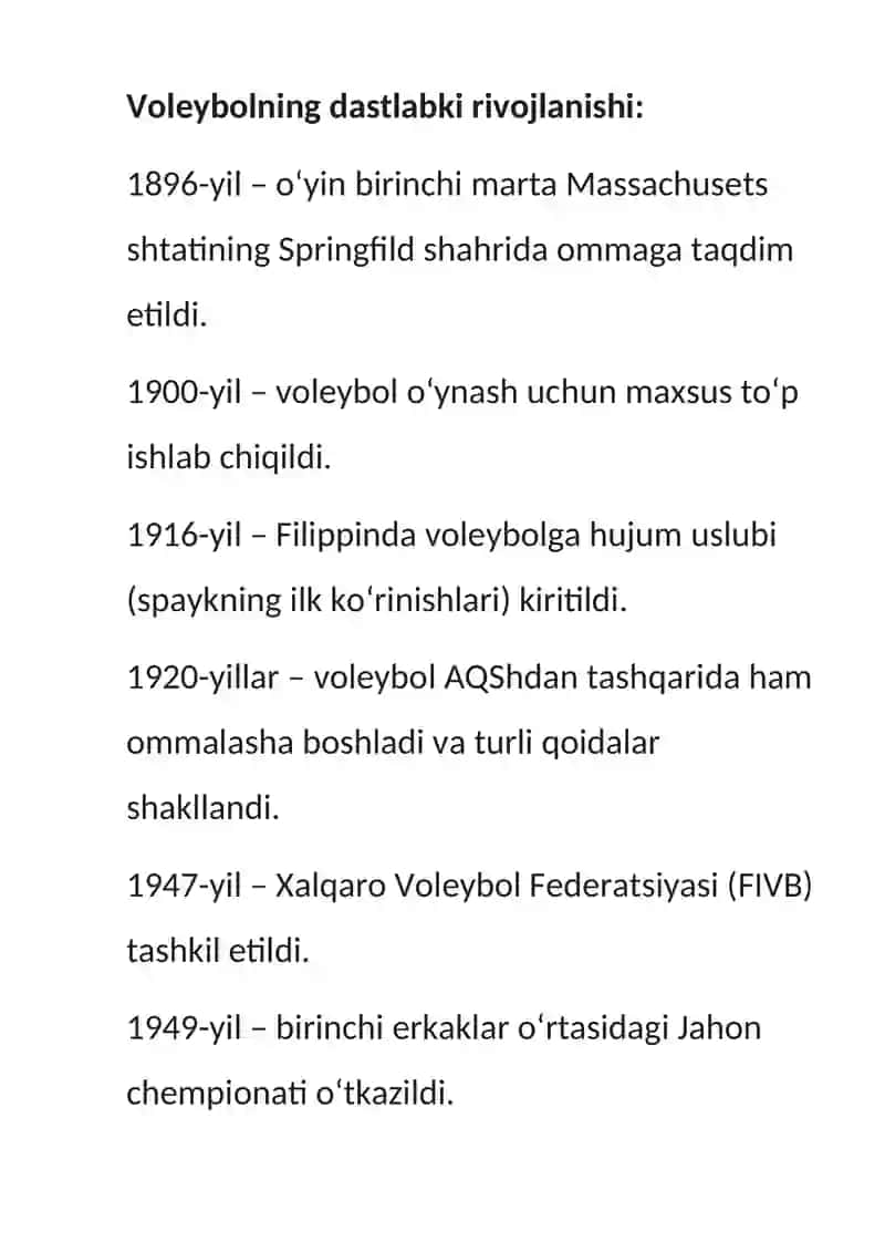 Volebol o’yinining kelib chiqishi va rivojlanish tarixi 2