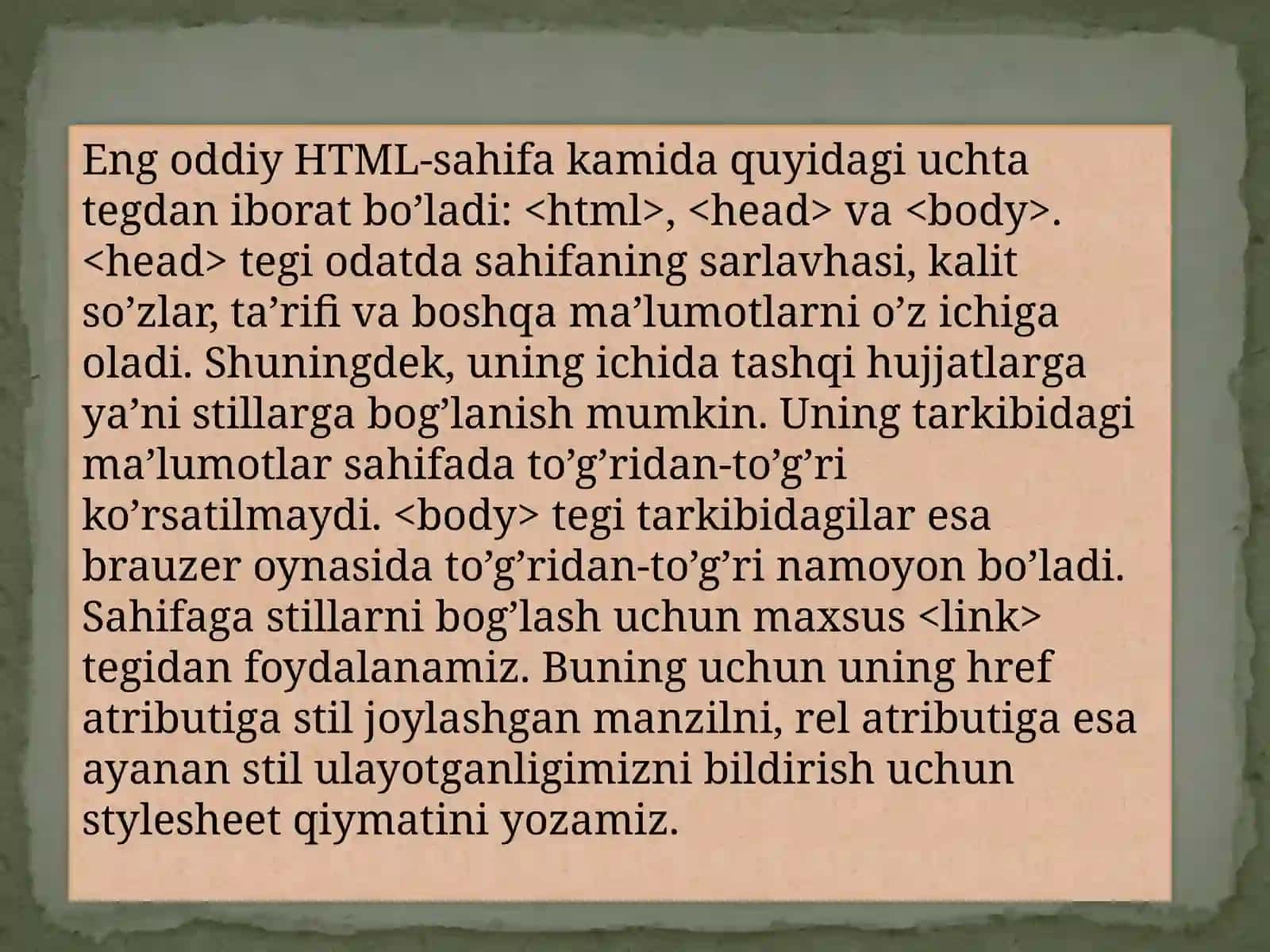 HTML sintaksisi, semantik belgilash, HTML hujjatlarining tuzilishi 2
