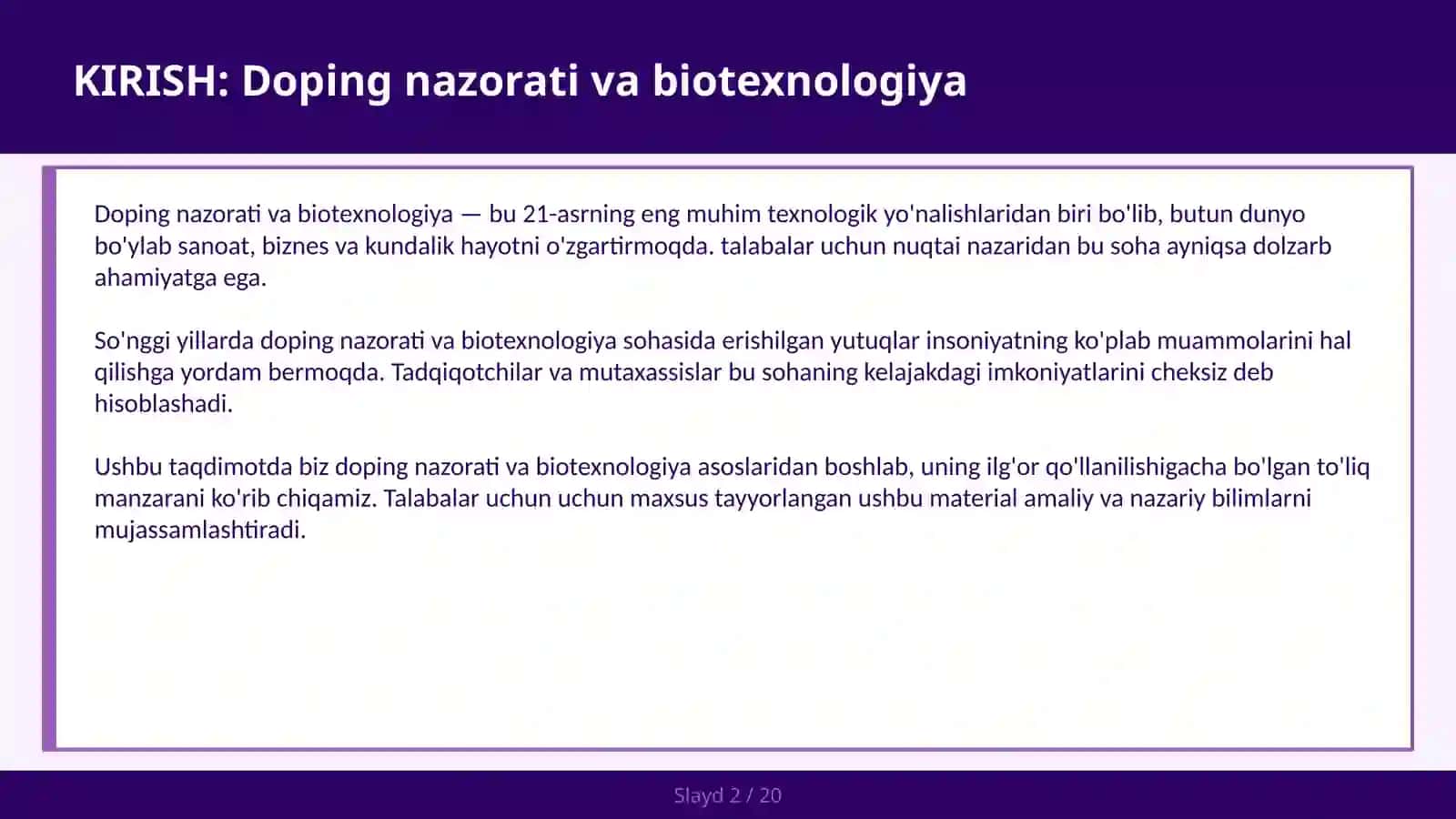 DOPING NAZORATI VA BIOTEXNOLOGIYA 2