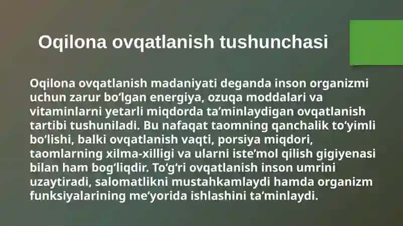 Oqilona ovqatlanish – zamonaviy dolzarb muammo ekanligi 2