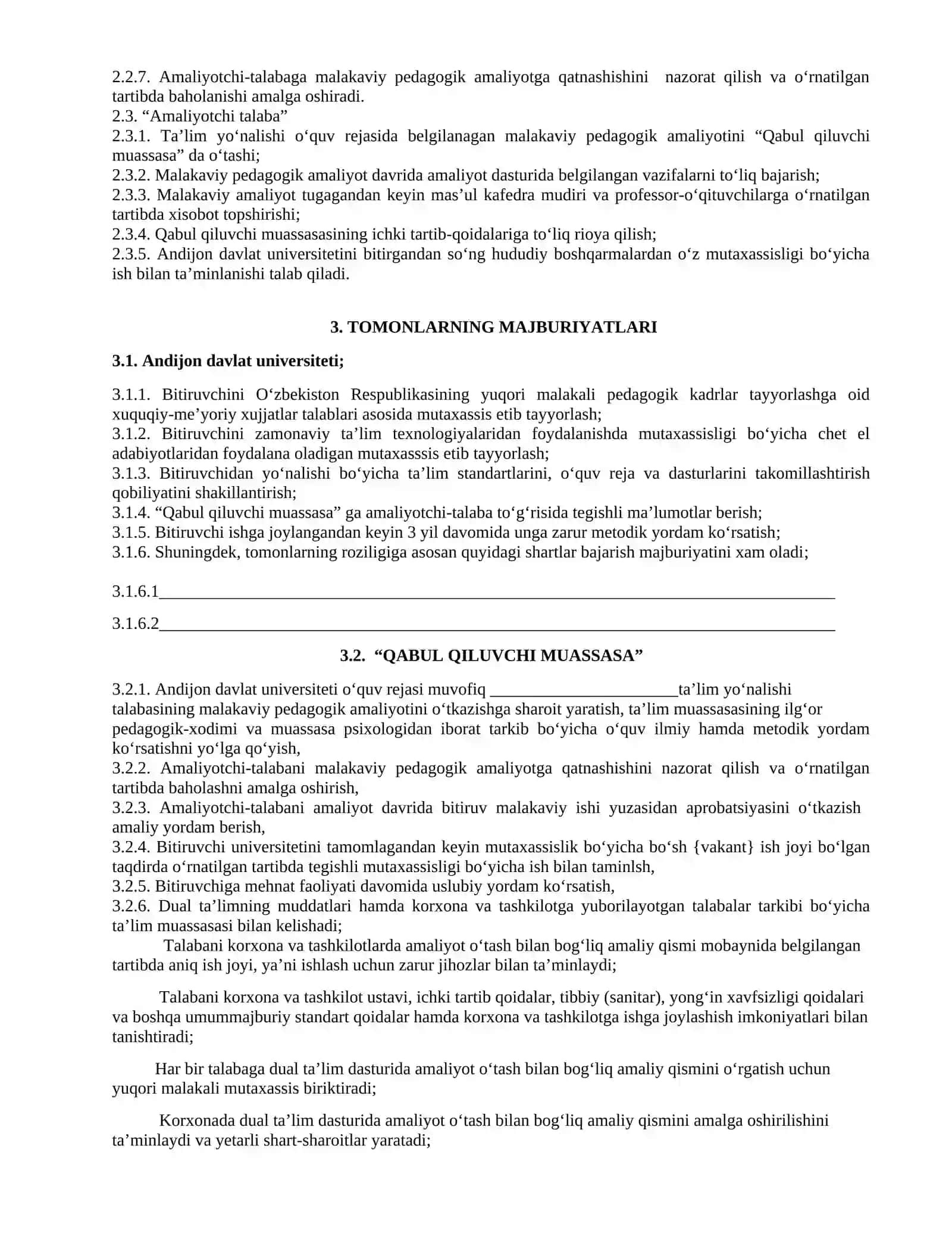 YOSH MUTAXASSISNI MALAKAVIY (PEDAGOGIK) AMALIYOTINI O‘TASH VA KELGUSIDA ISH BILAN TA’MINLASHGA KO‘MAKLASHISH TO‘G‘RISIDAGI HAMKORLIK SHARTNOMASI 2