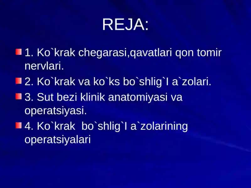 Ko`krakning Klinik anatomiyasi. Ko`krak  bo`shlig`i azolari operatsiyalari. 2