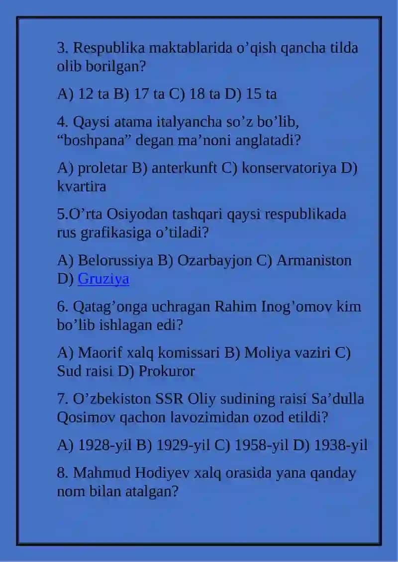 O'zbekiston tarixi fanidan tuzgan testi 2