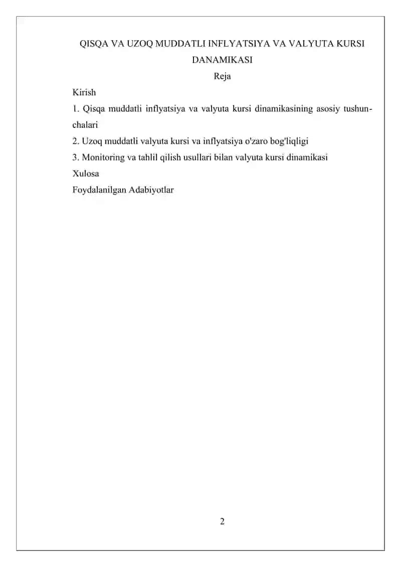 QISQA VA UZOQ MUDDATLI INFLYATSIYA VA VALYUTA KURSI DANAMIKASI 2