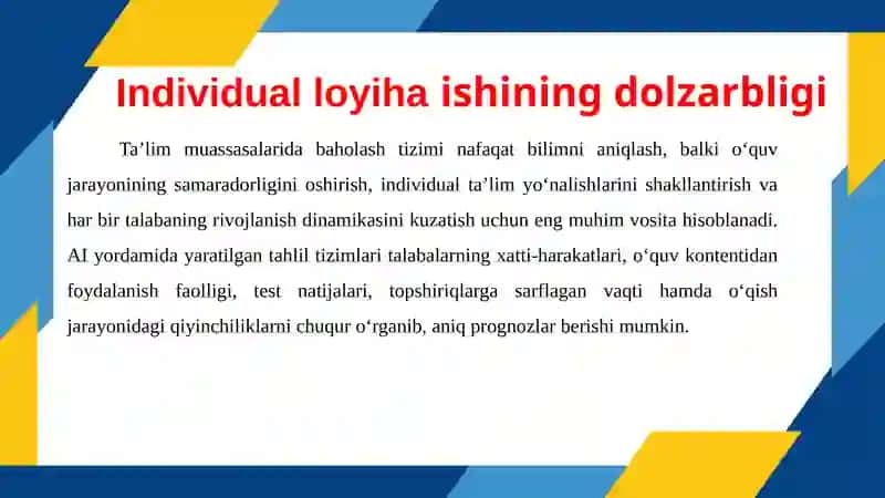 Talaba bilim darajasini AI asosida tahlil qiluvchi web-servis ishlab chiqish”mavzusida tayyorlangan  INDIVIDUAL LOYIHA ISHI 2