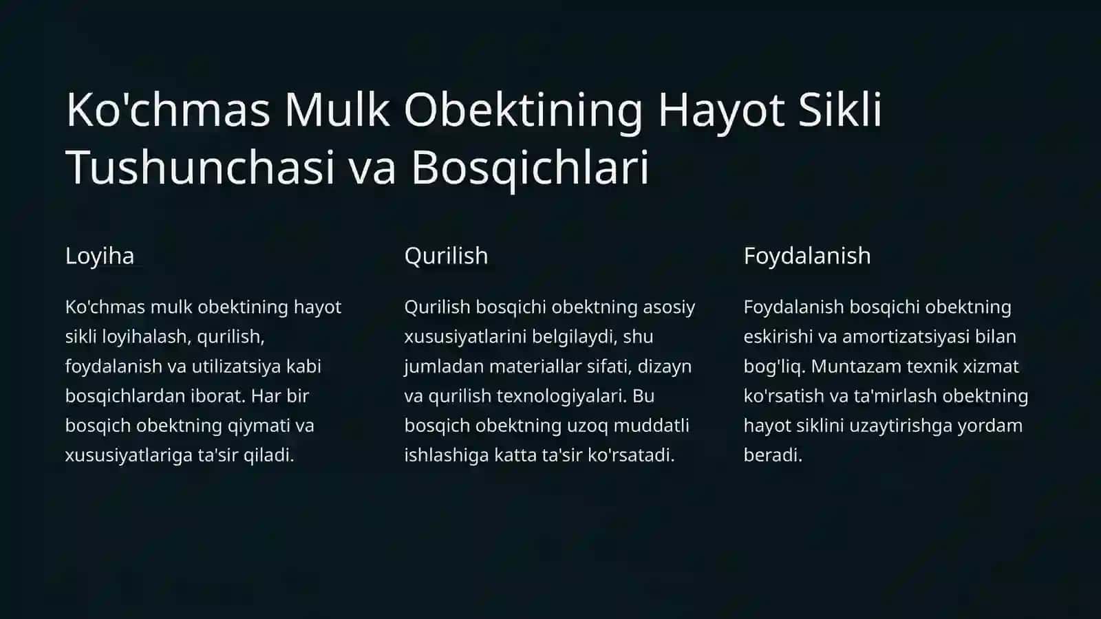 Ko'chmas Mulk Obektlarining Hayot Sikli va Ularning Eskirishi 2