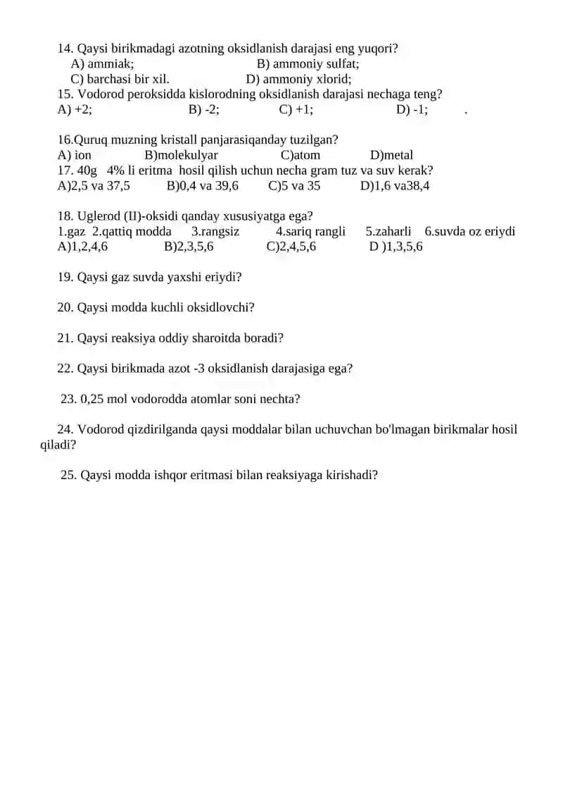 9-sinflar uchun kimyo fanidan test 2