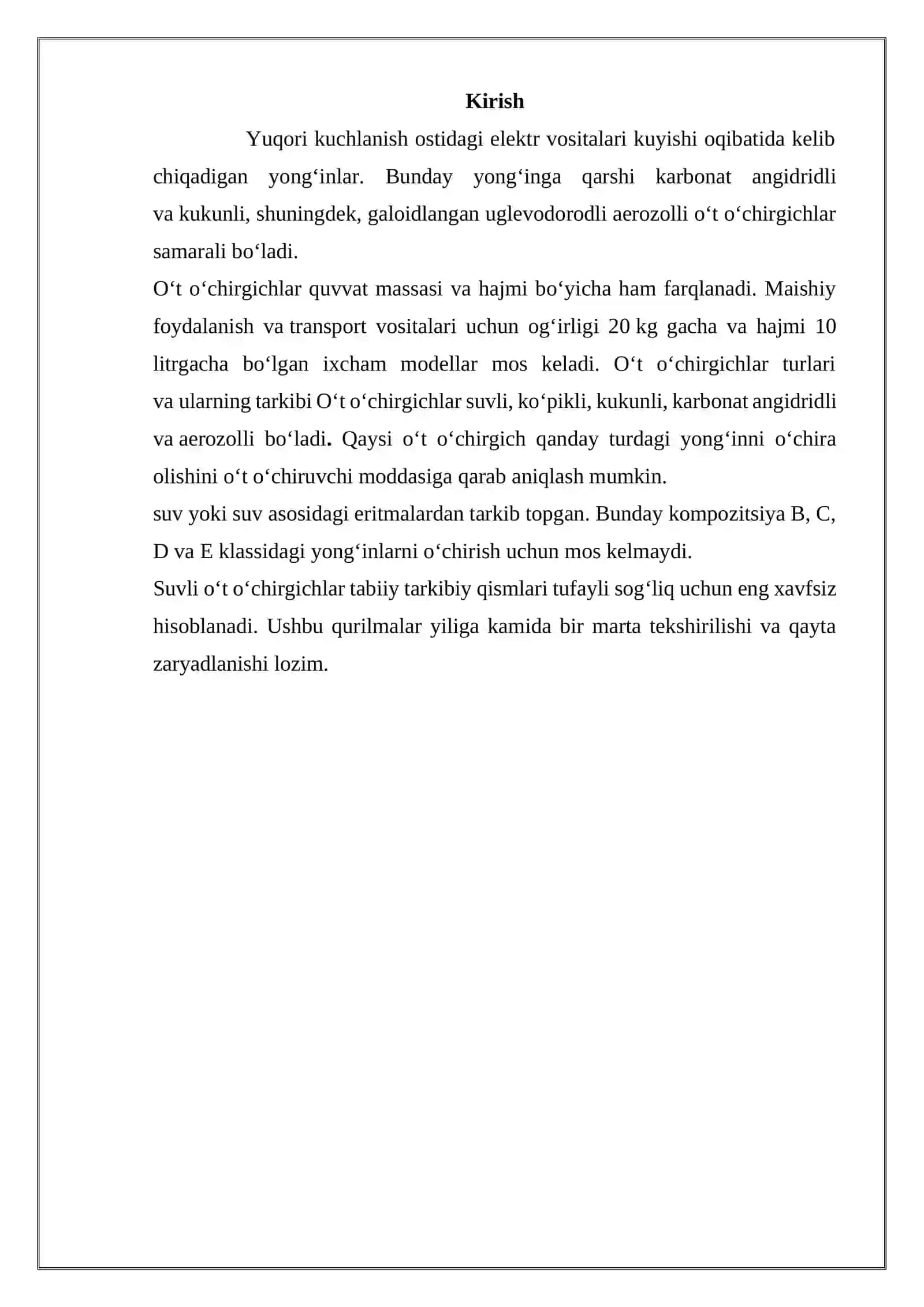 Kuchlanish ostida bo’lgan elektr uskuna sodir bo’lgan yong’ini ochirishda qo’llaniladigan vositalar 2