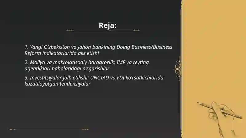 Yangi Oʻzbekiston ijtimoiy -siyosiy, iqtisodiy va madaniy hayotida roʻy berayotgan oʻzgarishlarning xalqaro reytingi va indekslarda aks etishi 2