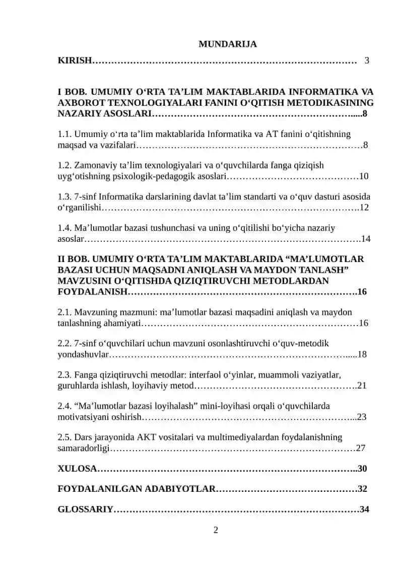 Umumiy orta talim maktablarining 7-sinfida Informatika va AT fanidan “Ma’lumotlar bazasi uchun maqsadni aniqlash. Ma’lumotlar bazasi uchun maydon tanlash” mavzusini o‘qitishda fanga qiziqturivchi metodlardan foydalanish 2