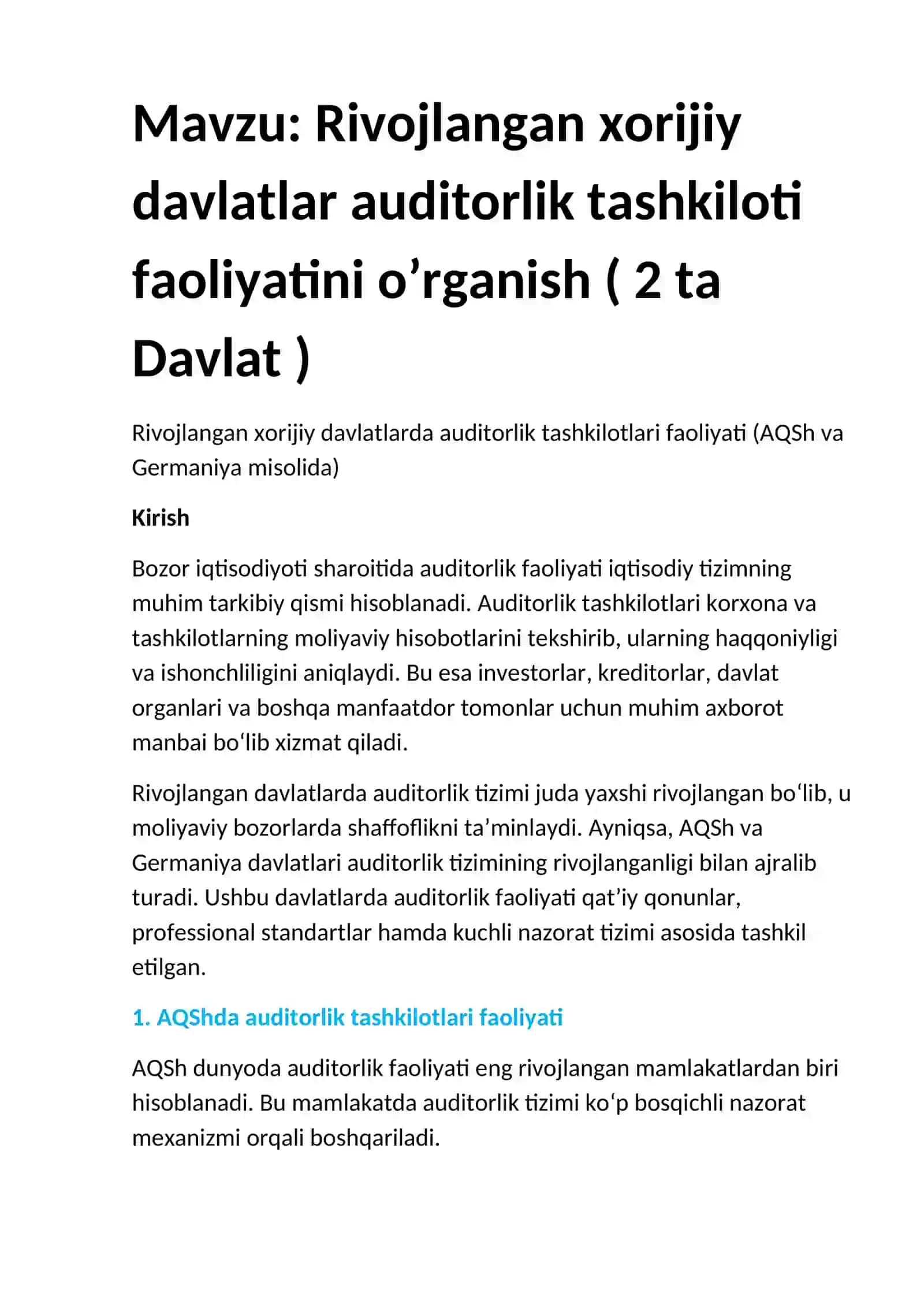 Rivojlangan xorijiy davlatlar auditorlik tashkiloti faoliyatini o’rganish ( 2 ta Davlat ) 2