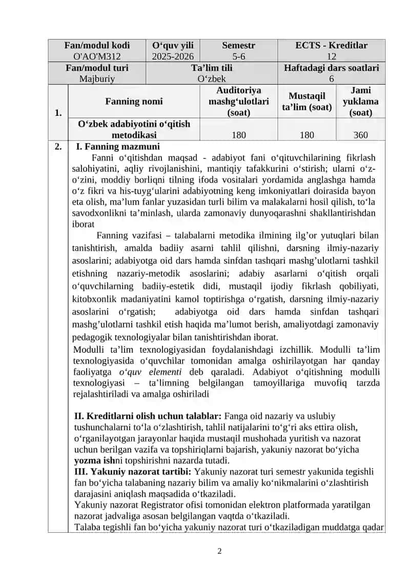 O‘zbek Adabiyotini O‘qitish Metodikasi 2