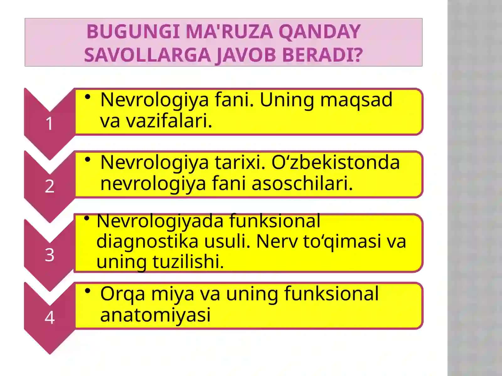 NEVROLOGIYA FANI TARIXI, MАQSАD VА VАZIFАLАRI. NEVROLOGIYADА FUNKSIОNAL DIАGNОSТIКА USULI. NERV TO‘QIMASI TUZILISHI VA FUNKSIYASI. ОRQА МIYA 2