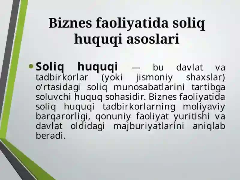 Biznes faoliyatida soliq huquqi asoslari taqdimot 2