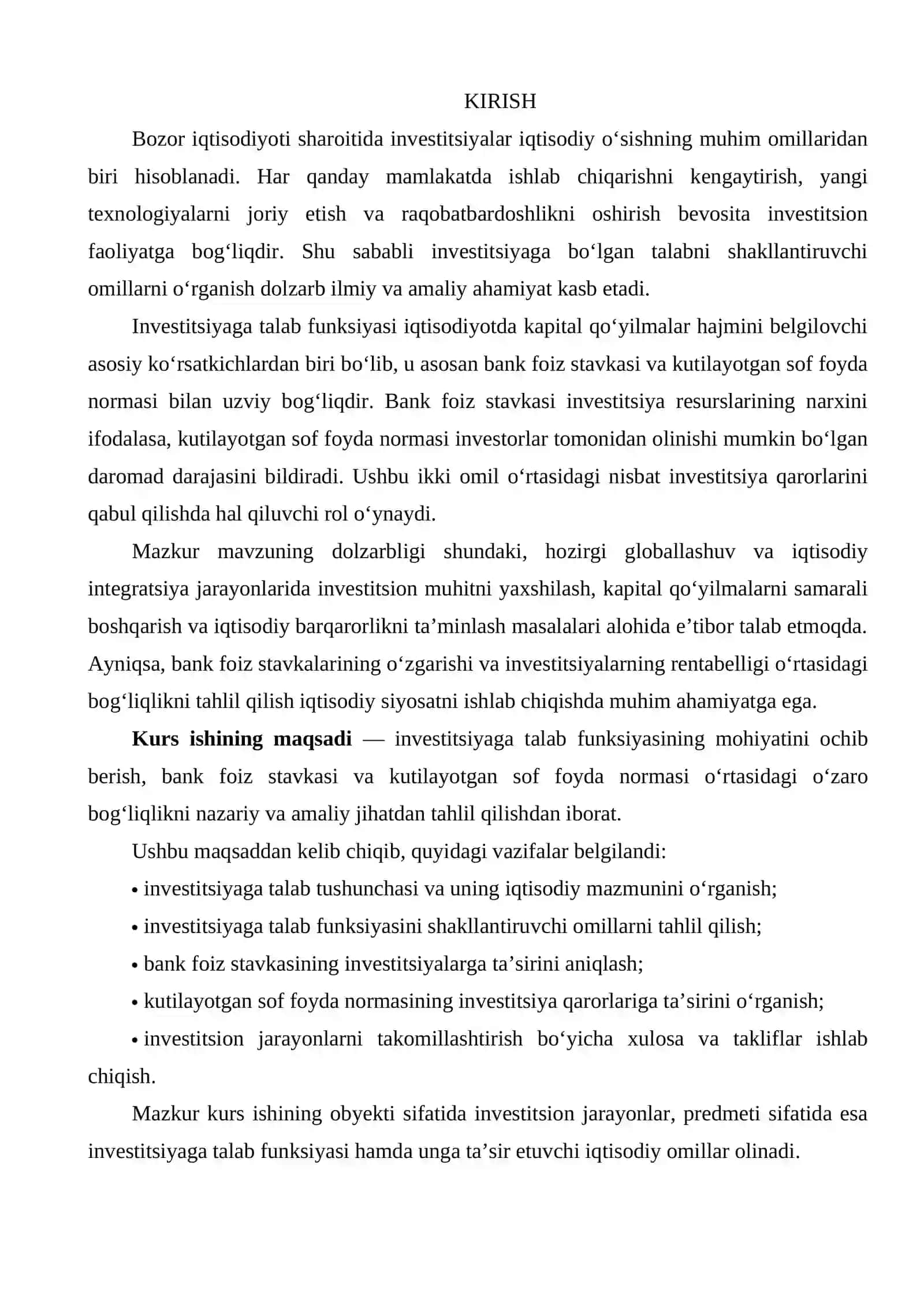 INVESTISIYAGA TALAB FUNKSIYASI. BANK FOIZ STAVKASI VA KUTILAYOTGAN SOF FOYDA NORMASI 2