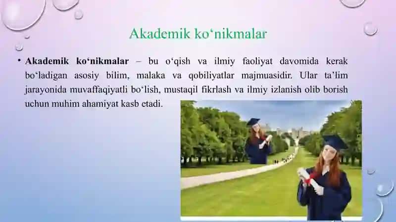 Akademik ko‘nikmalar va kasbiy kompetentlik faniga kirish. Akademik ko‘nikmalarni shakllantirishda o‘z-o‘zini boshqarish va samaradorlik.Ta‘lim olish jarayonini samarali tashkil etish 2