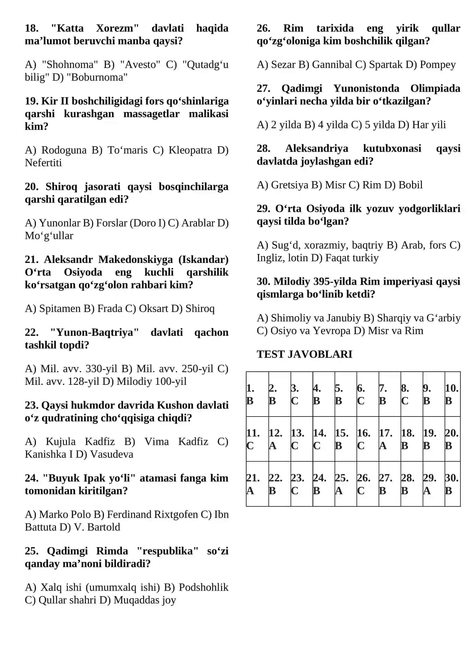 Qadimgi Dunyo Tarixi (6-sinf) — Blok Test 2