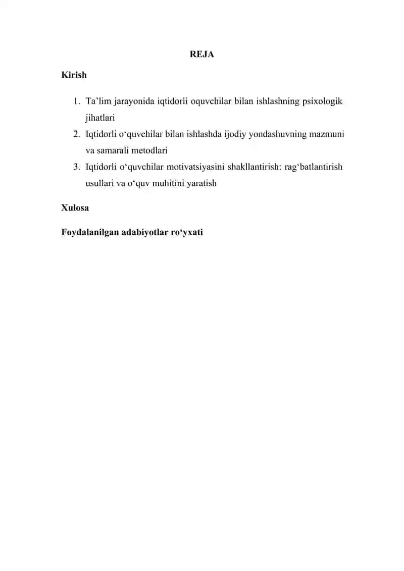 Iqtidorli O'quvchilar bilan ishlashda ijodiy yondashuv va motivatsiya MALAKA ISHI 2