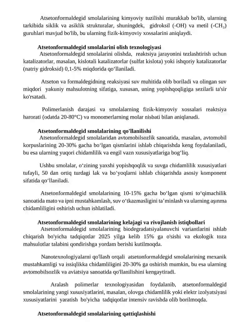 Atseton formaldegid smolalari olinishi texnologiyasi kimyoviy xossalari va ishlatilishi 2