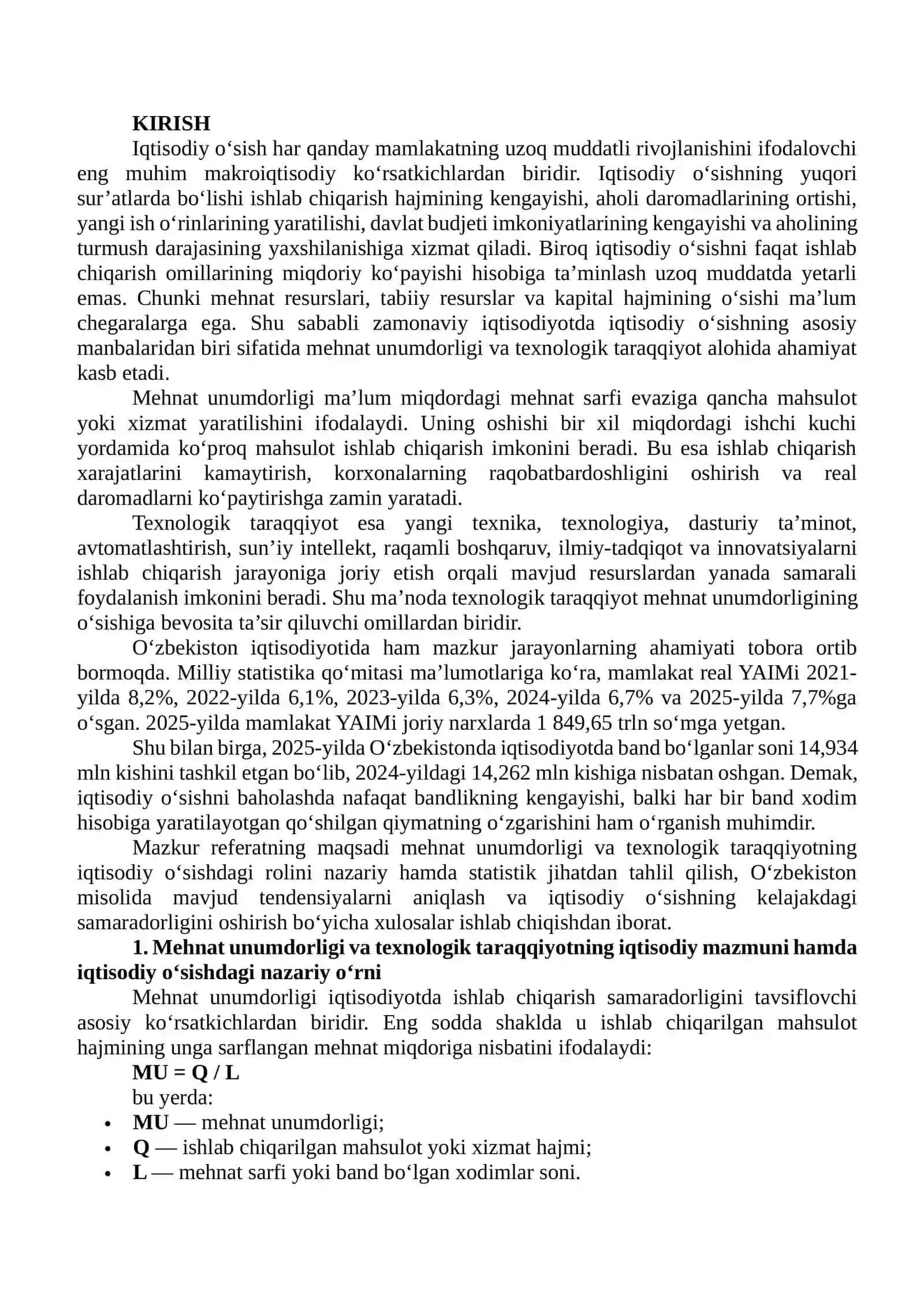 MEHNAT UNUMDORLIGI VA TEXNOLOGIK TARAQQIYOTNING IQTISODIY O‘SISHDAGI ROLINI STATISTIK MA’LUMOTLAR ASOSIDA BAHOLASH 2