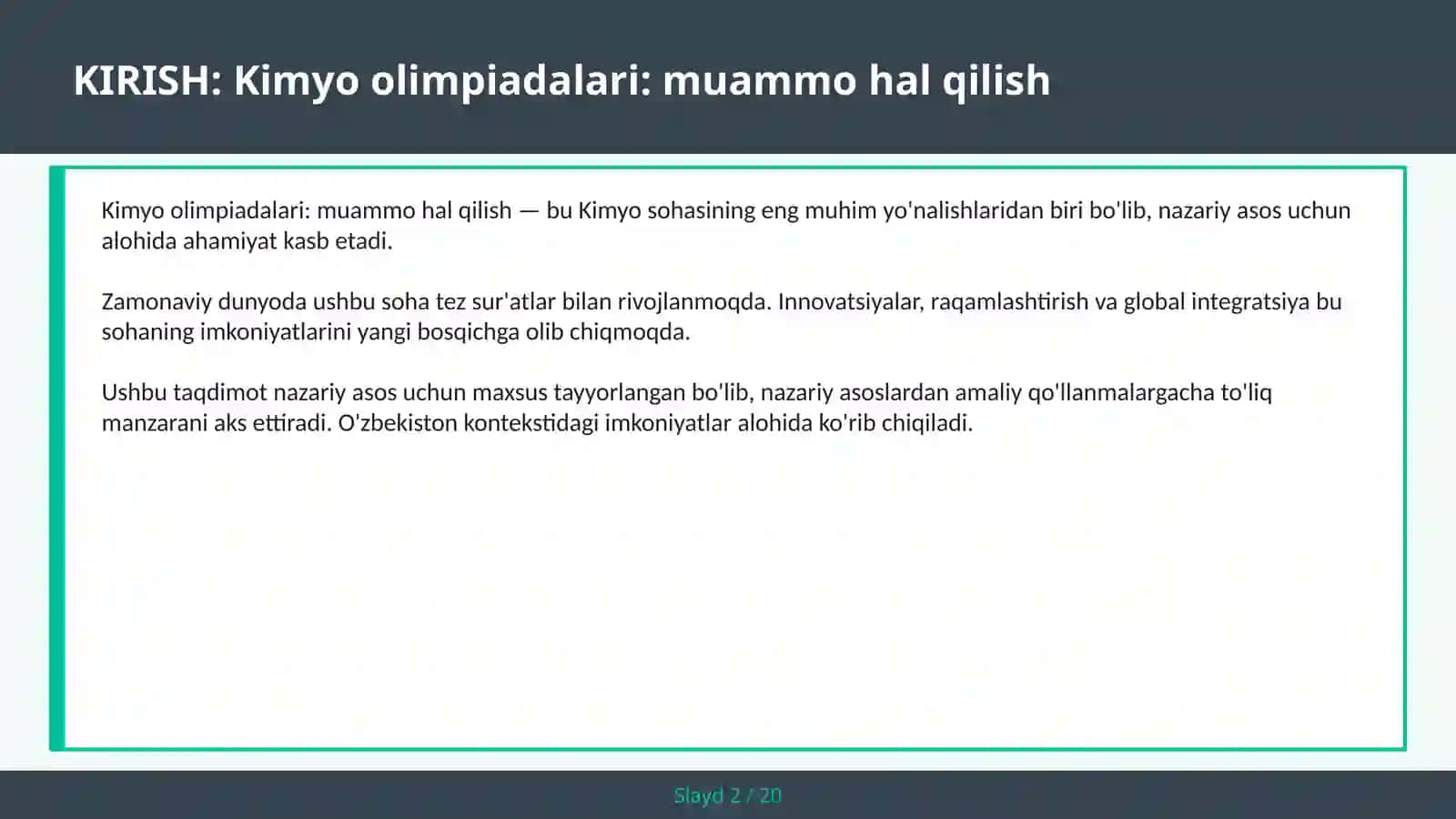 Kimyo olimpiadalari: muammo hal qilish 2