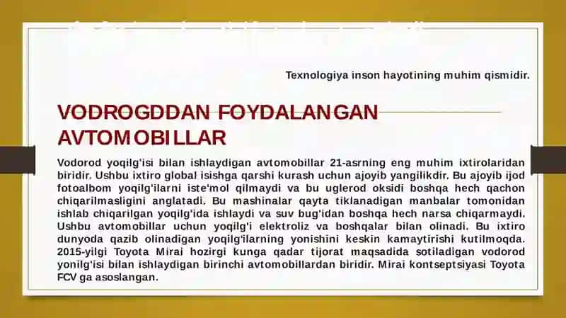 Vodorogddan foydalan ishlaydigan avtomobillar 2