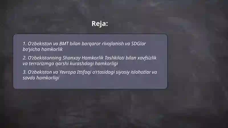 O‘zbekistonning xalqaro tashkilotlar bilan hamkorlik aloqalari 2