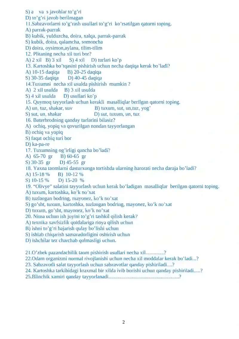 5-sinflar uchun texnologiya fanidan test savollari 2