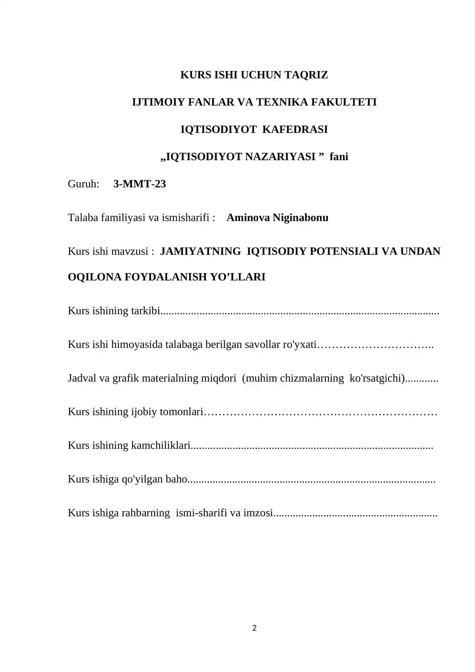 JAMIYATNING IQTISODIY POTENSIALI VA UNDAN OQILONA FOYDALANISH YO’LLARI 2