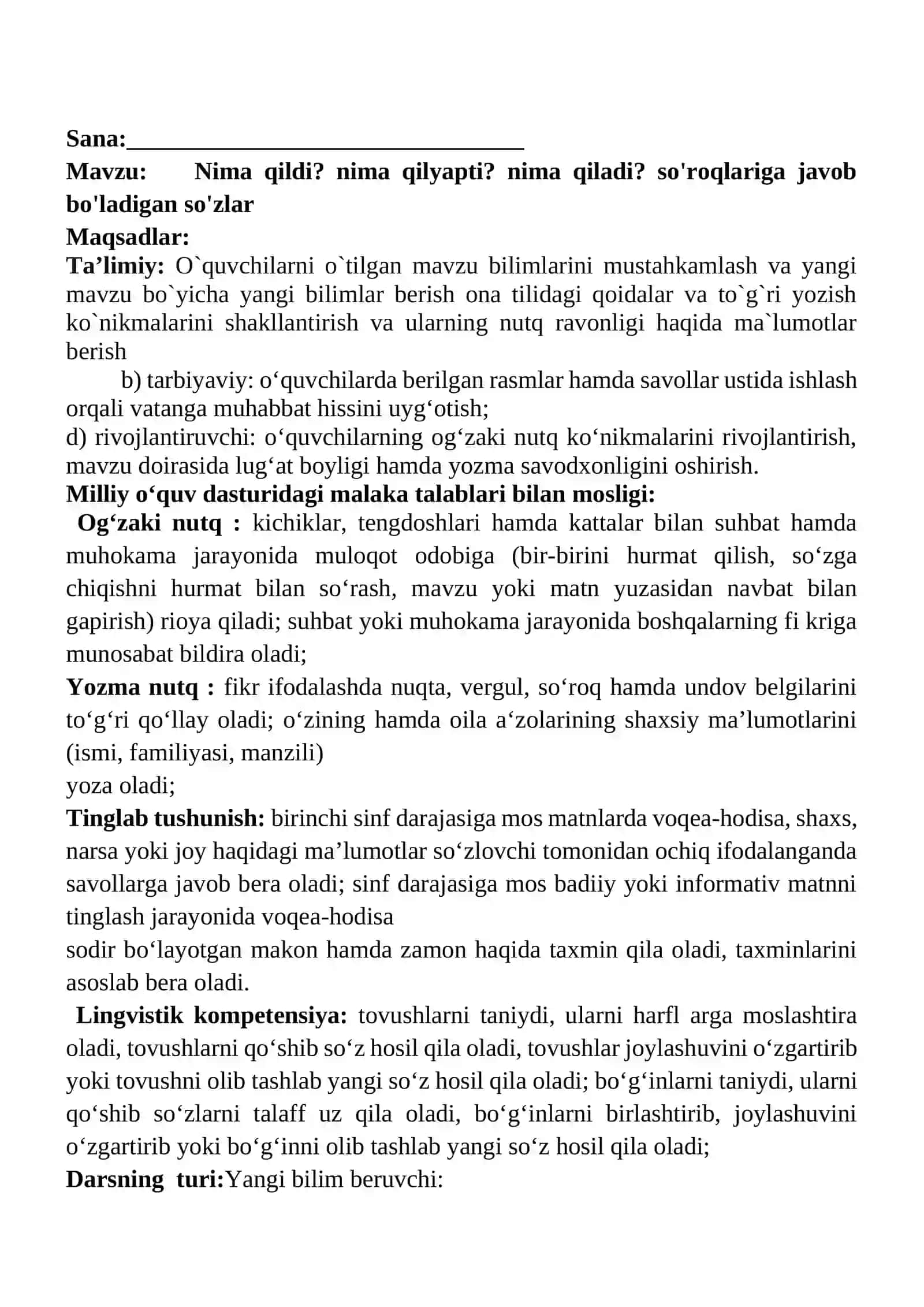 Nima qildi? nima qilyapti? nima qiladi? so'roqlariga javob bo'ladigan so'zlar 1-sinf ona tili dars ishlanmasi 2