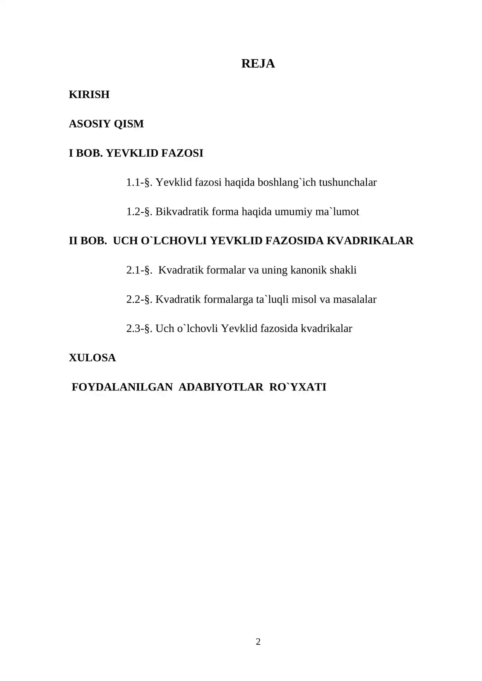 Uch o`lchovli Yevklid fazosida kvadrikalar 2