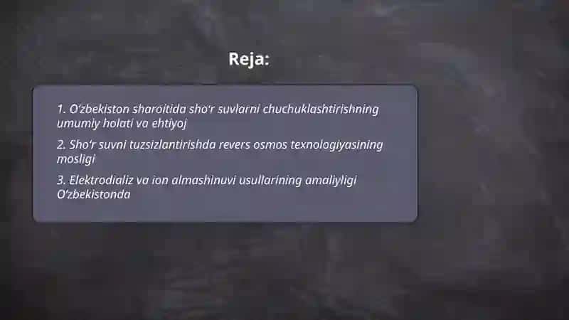 Oʻzbekiston sharoitida shoʻr suvlarni chuchuklashtirish 2
