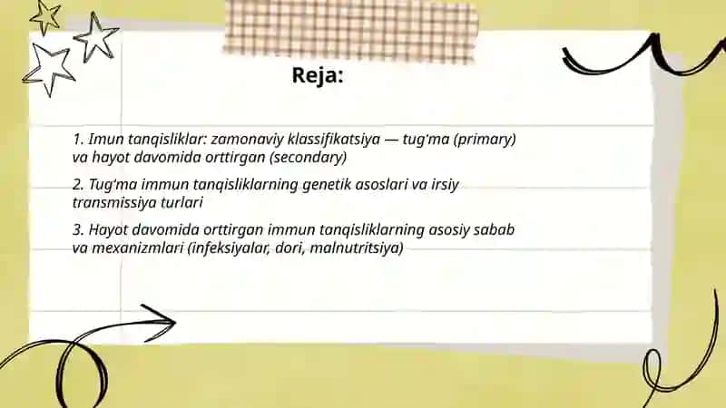 Immunpatologiya xozirgi zamon klassifikatsiyasi:tugʻma va hayot davomida orttirgan immun tanqisliklari 2