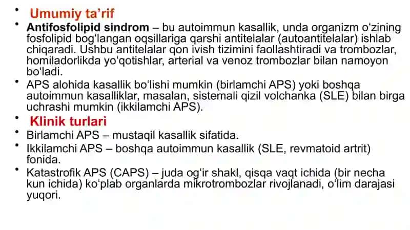 Antifosfolitik sindrom Ginikalogiya 2