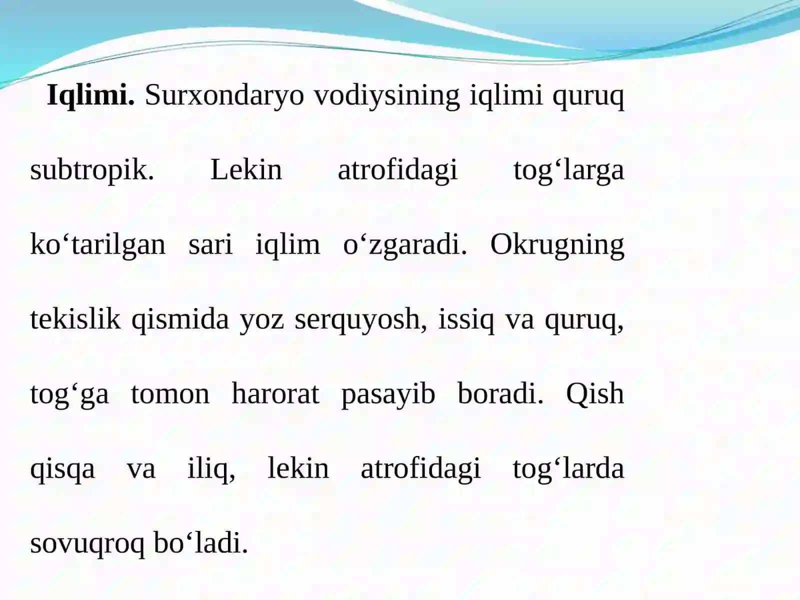 Surxondaryo Iqlimi, suvlari, tuproqlari va hayvonot dunyosi 2