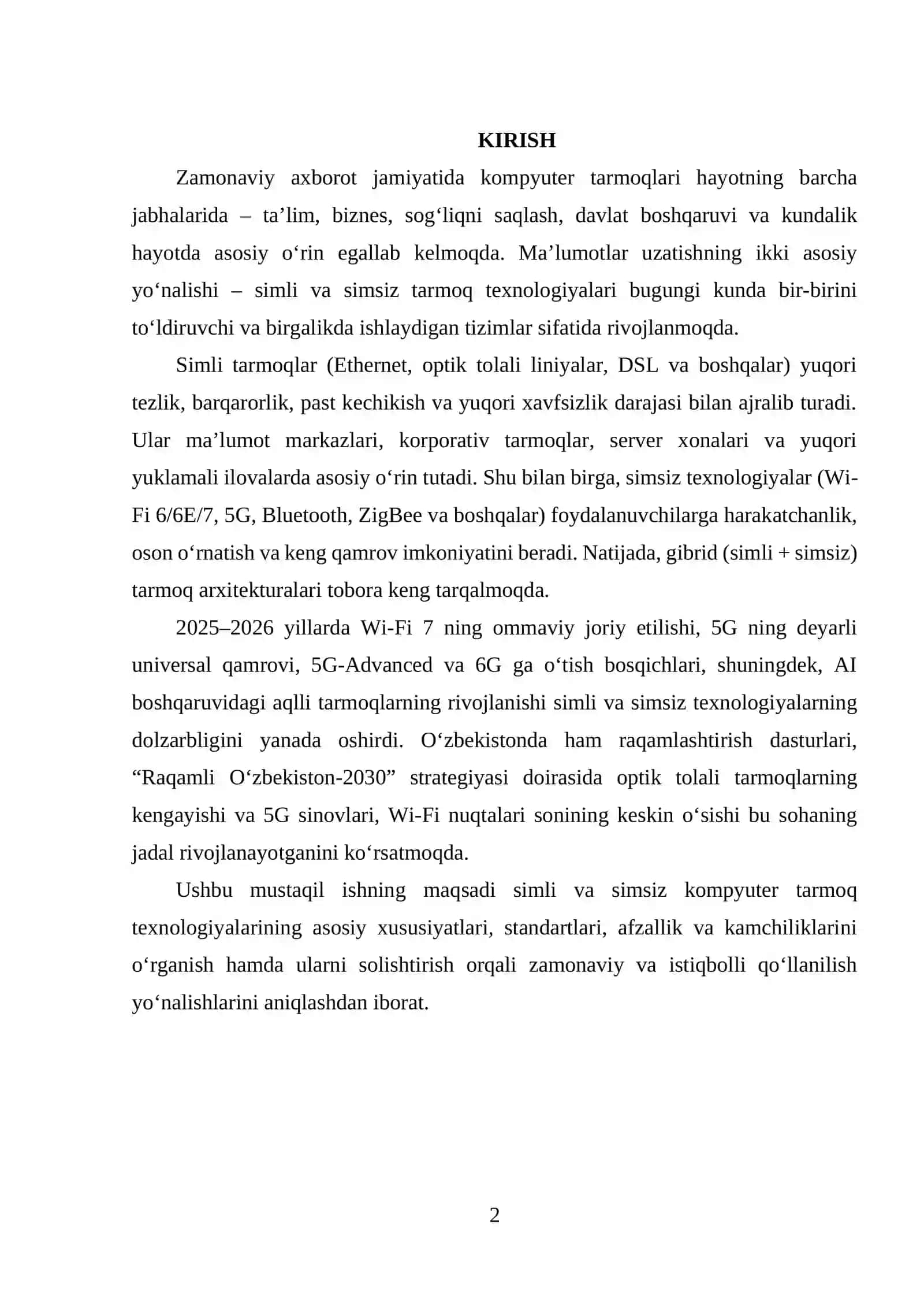 Simli va simsiz tarmoq texnologiyalari 2