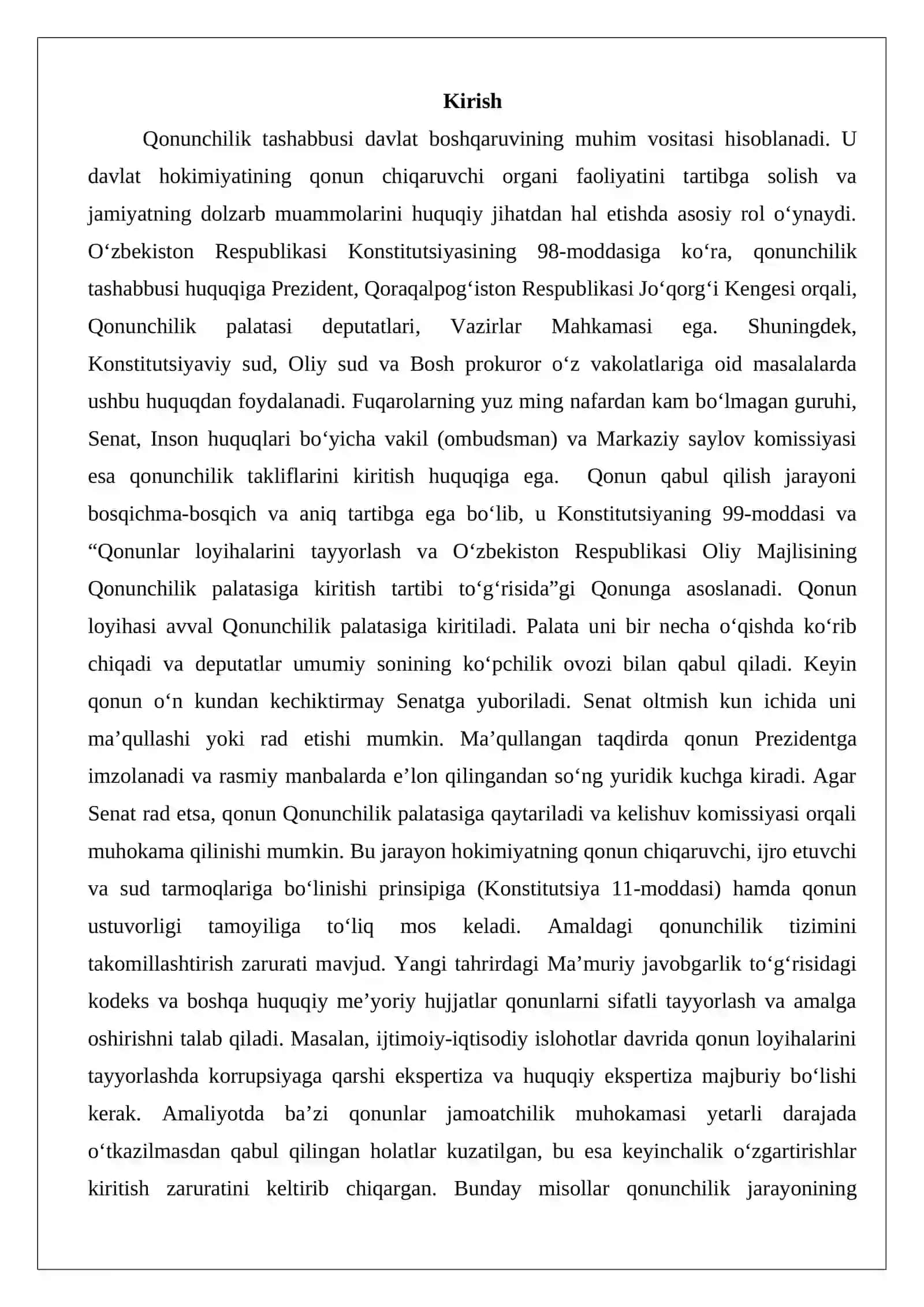 Qonunchilik tashabbusi va uning sub’ektlari, qonun qabul qilish tartibi 2