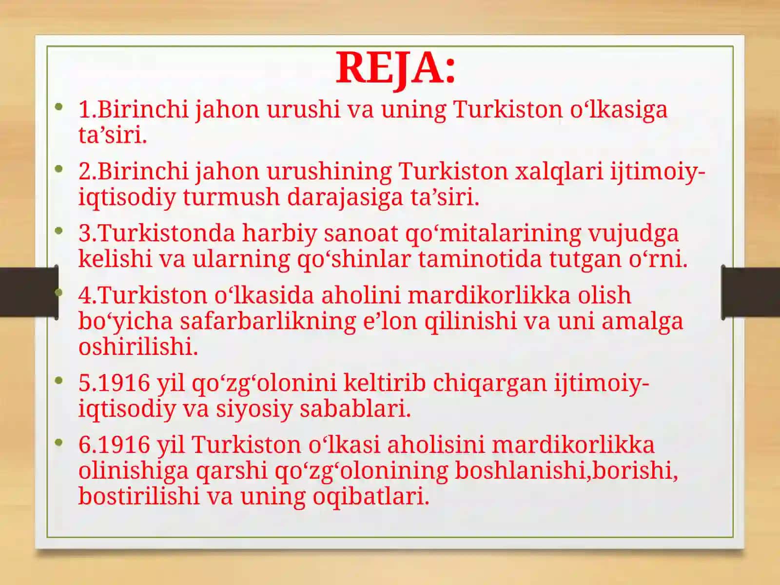 TURKISTON XX ASR BOSHLARIDA (1900-1917 YILLAR). BIRINCHI JAHON URUSHINING TURKISTON O‘LKASIGA TA’SIRI. 1916 YIL MILLIY-OZODLIK HARAKATI 2