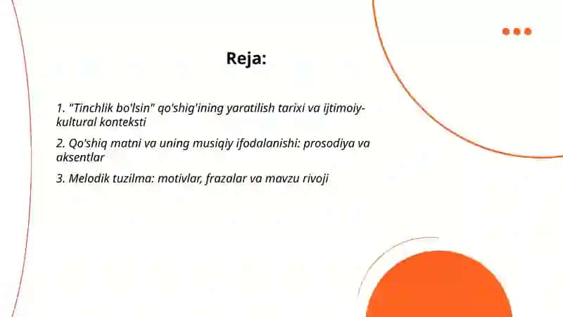 Tinchlik bo'lsin" qo'shig'ini musiqiy tahlil etish haqida tezis tayyorlash 2