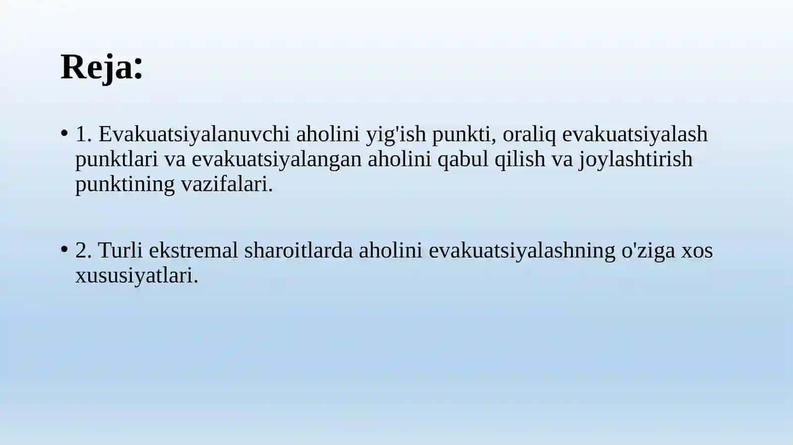 Favqulodda vaziyatlar havfi tugʻilganda va sodir boʻlganda aholini evakuatsiyalashni tibbiy ta'minlash 2