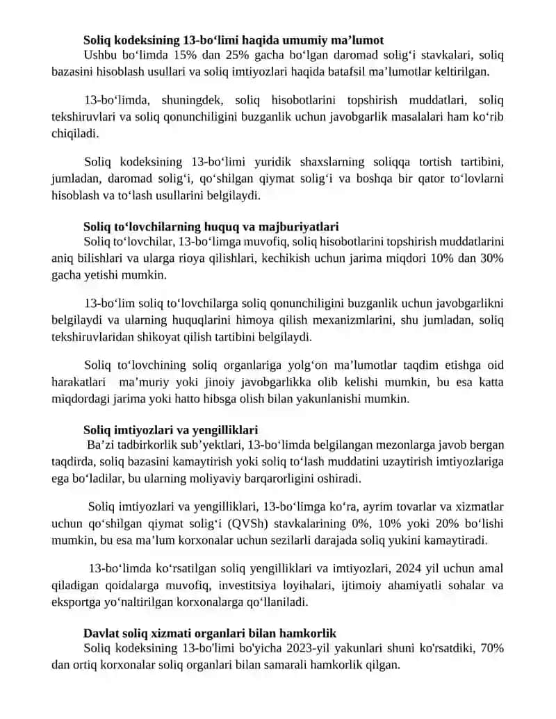 Soliq kodeksi 13 bob haqida 2