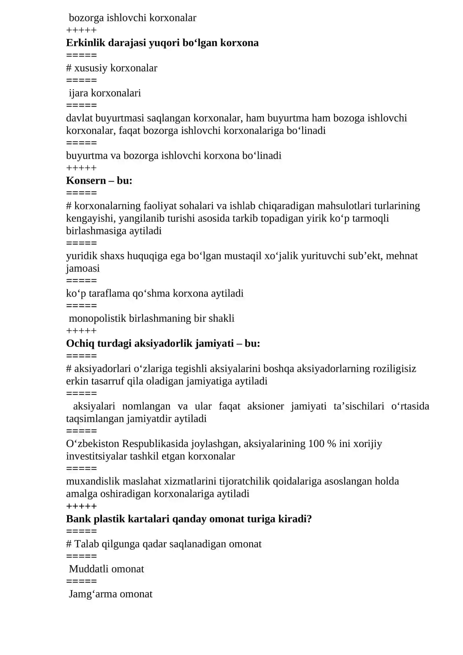Kichik biznes va tadbirkorlik fanidan yakuniy nazorat TEST savollari 2
