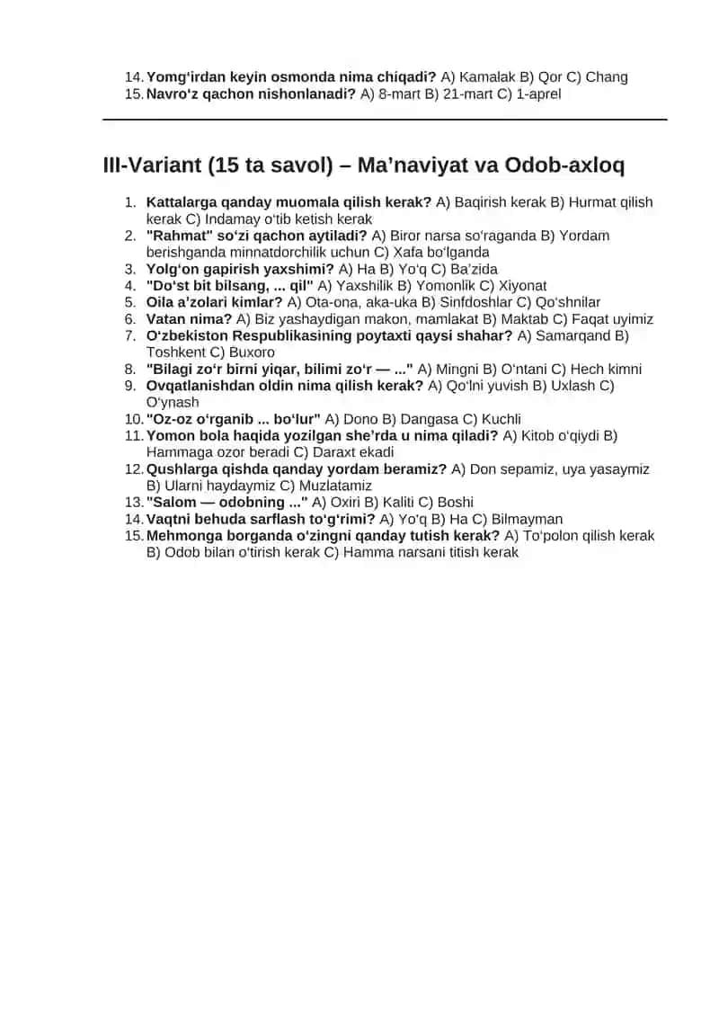 3 chorak adabiyot yakuniy test 2