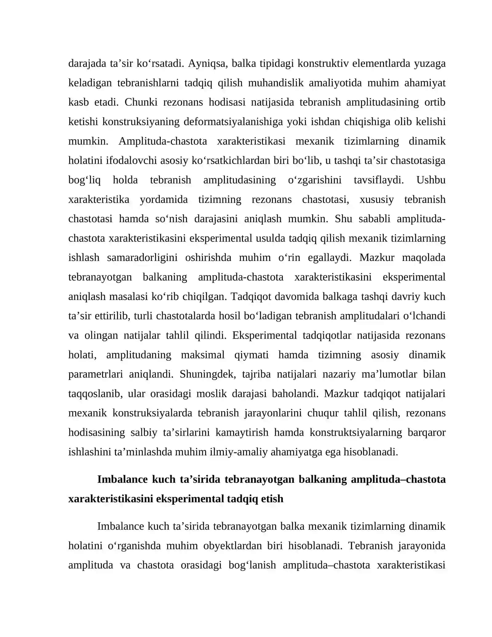 TEBRANAYOTGAN BALKANING AMPLITUDA-CHASTOTA XARAKTERISTIKASINI EKSPREMENTALL ANIQLASH 2