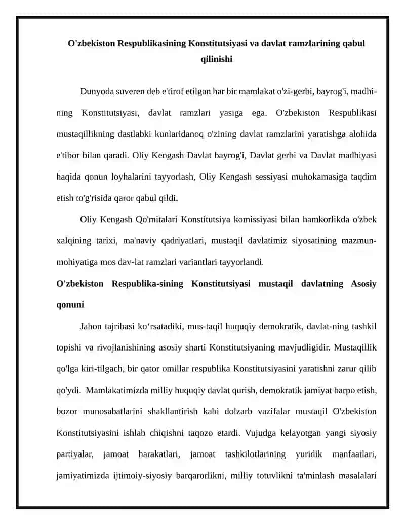 Mustaqil ish: O'zbekiston Konstitutsiyasi va davlat ramzlarining qabul qilinishi 2