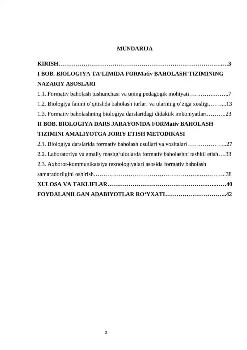 Biologiya o‘qitishda formativ baholash tizimi kurs ishi 2