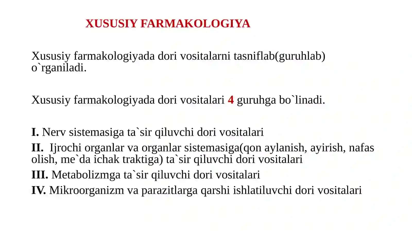 Xususiy farmakologiya. Nerv sistemasiga ta'sir qiluvchi dorivoritalari 2